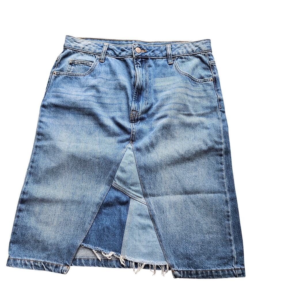 Time and Tru 12 Patchwork Denim Midi Skirt Raw Frayed Y2K Western